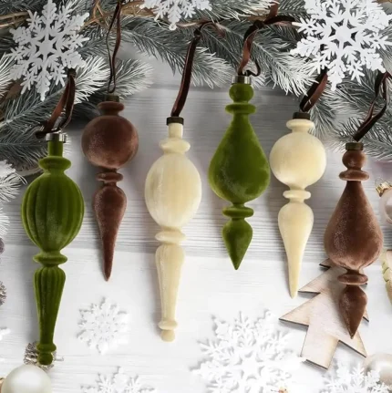 6 Pcs Velvet Finial Christmas Tree Ornaments - Velvet Pendants Shatterproof Flocked Christmas Ball Ornaments Hanging Vintage Decorations for Xmas Tree Holiday Decorations (Brown, Green, Cream)