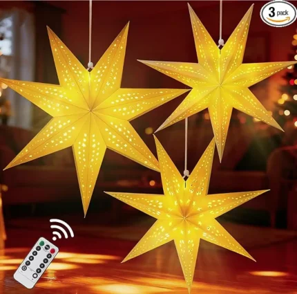 Large Paper Star Lanterns with Lights, 3D 7 Pointed Christmas Paper Lanterns, 3Pcs Foldable Decorative Christmas Hanging Decorations for Xmas Wedding New Year Party Home Decor Indoor, 24/18 Inch