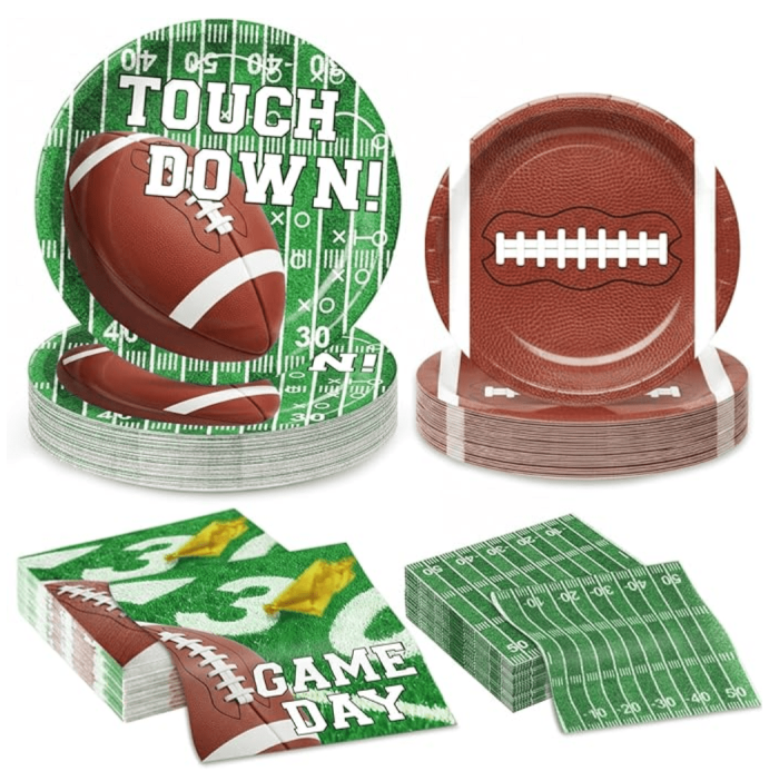 2.png 196PCS Football Party Decorations Supplies Serves 24, Disposable Football Paper Plates Napkins Cups Banner Tablecloth Tableware Set for Sport Themed Game Bowl Gameday Birthday Party Decorations Favors - Image 1