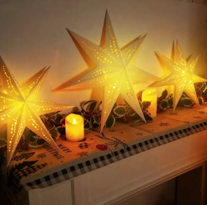 Large Paper Star Lanterns with Lights, 3D 7 Pointed Christmas Paper Lanterns, 3Pcs Foldable Decorative Christmas Hanging Decorations for Xmas Wedding New Year Party Home Decor Indoor, 24/18 Inch - Image 3