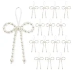 15 Pack Pearl Bowknot Ornament, Handmade Faux Pearl Bow Charm with Crystal Beads, Hanging Pendant for Gift Box, Wedding Bouquet and Bag Decoration