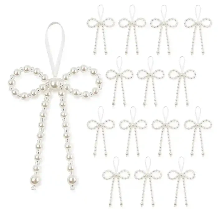 15 Pack Pearl Bowknot Ornament, Handmade Faux Pearl Bow Charm with Crystal Beads, Hanging Pendant for Gift Box, Wedding Bouquet and Bag Decoration - Image 1