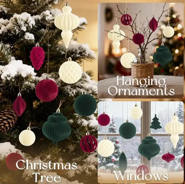 18Pcs Velvet Christmas Tree Ornaments Set, Wine Red Shatterproof Flocked Christmas Decorations Bulk for Tree, Burgundy Decorative Hanging Ball Ornaments for Xmas Holiday Home Party Decor - Image 3