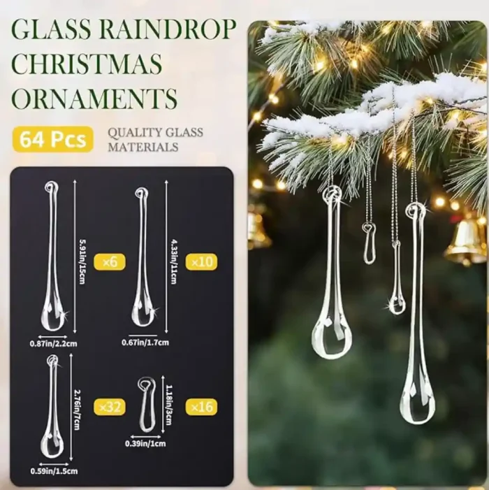 OuMuaMua 64 Pcs Glass Raindrop Christmas Ornaments Crystal Teardrop Hanging Ornaments Clear Chandelier Drop Pendant Decorations for Christmas Tree Winter New Year Party Supplies Home Decor - Image 3