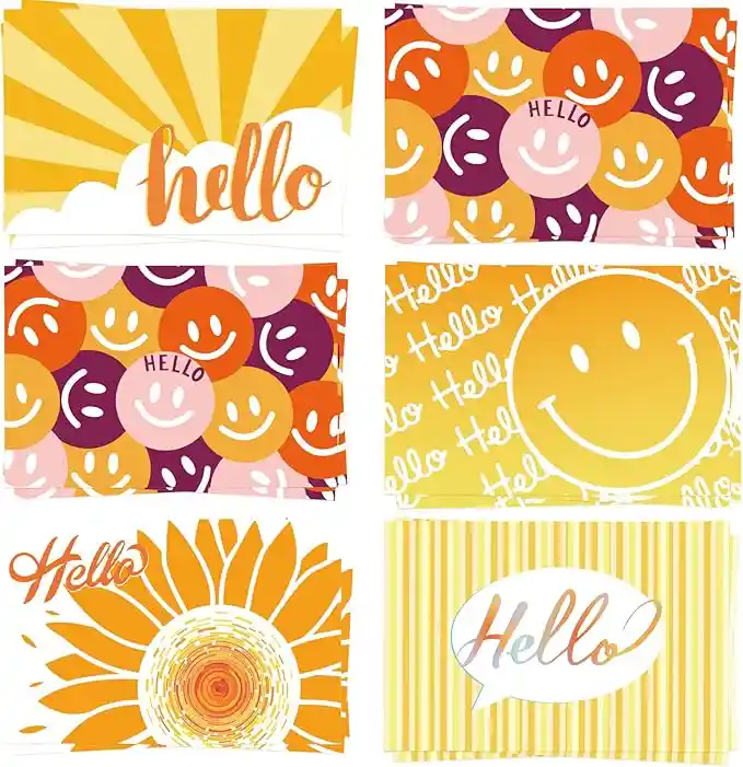 710__副本.webp GRADESIN 60 Hello Postcards for Mailing Bulk Blank Greeting Cards 4 x 6 Inch Sunny Sunflower Colorful Smiley Face Post Cards for Kids Adults Teachers Students Assorted Blank Note Cards 5 Hello Designs - Image 1