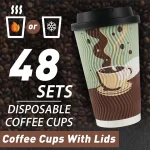 16 oz Disposable Coffee Cups with Lids 48 Pack, Insulated Corrugated Ripple Wall To Go Paper Coffee Cup for Hot Beverage or Cold Drinks, Travel, Home, Office - Image 2