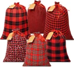 OuMuaMua Fabric Christmas Gift Bags with Drawstring - 6 Pack Cloth Buffalo Plaid Bag with Kraft Gift Tags for Christmas Holiday Present Gift Wrapping