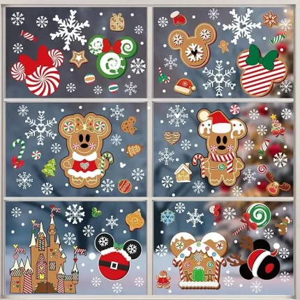Christmas Gingerbread Window Cling Decorations - 12 Sheets Double-Sided Christmas Gingerbread Sticker for Window Decor, Mouse, Castle, Snowflake Stickers for Indoor Office Home Decor
