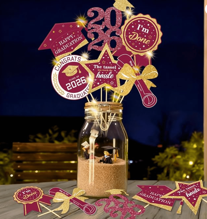 Graduation Decorations for Class of 2026-30pcs Glitter Blue Gold Graduation Table Centerpieces Sticks with LED String Lights for College High School 2026 Graduation Party Favors Supplies - Image 1