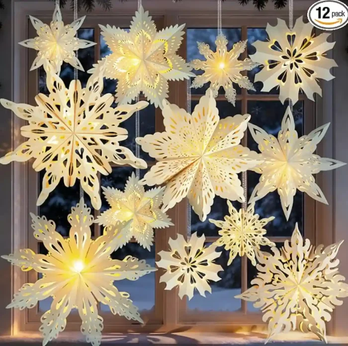 22_副本 12 Pcs Christmas Paper Snowflake Lanterns, 3D Christmas Paper Star Lanterns with LED Lights, 14/16/18 Inch White Hanging Snowflake Lamps for Xmas Winter Frozen Weddings New Year Party Decor - Image 1