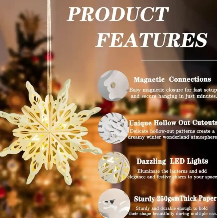 12 Pcs Christmas Paper Snowflake Lanterns, 3D Christmas Paper Star Lanterns with LED Lights, 14/16/18 Inch White Hanging Snowflake Lamps for Xmas Winter Frozen Weddings New Year Party Decor - Image 2
