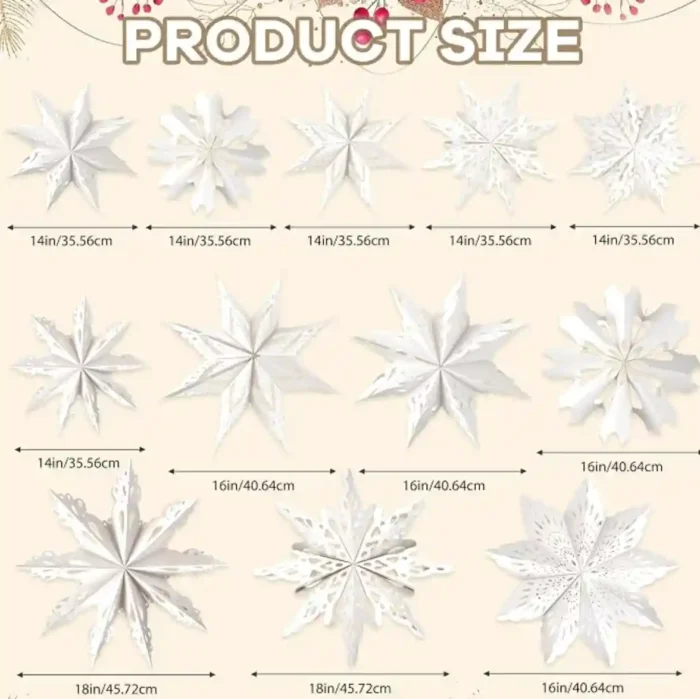 12 Pcs Christmas Paper Snowflake Lanterns, 3D Christmas Paper Star Lanterns with LED Lights, 14/16/18 Inch White Hanging Snowflake Lamps for Xmas Winter Frozen Weddings New Year Party Decor - Image 3