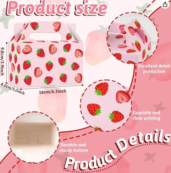 GRADESIN Strawberry Birthday Decorations Party Favor Boxes Treats Gift Bag | 24pcs, 6.3 x 3.2 x 3.9 Inch, candy, shortcake box for Berry First Birthday, baby shower decor supplies - Image 3