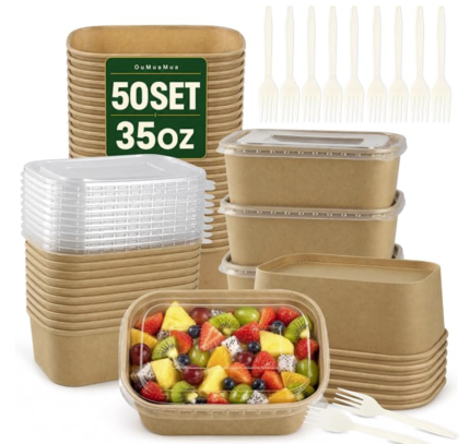 OuMuaMua 50 Pack 35oz Meal Prep Containers, Disposable Food Containers | Microwave & Freezer Safe, Kraft Paper Bowls with Lids and Forks, for Salad, Snacks, Fruit, Picnic, Take Out, To Go, Office