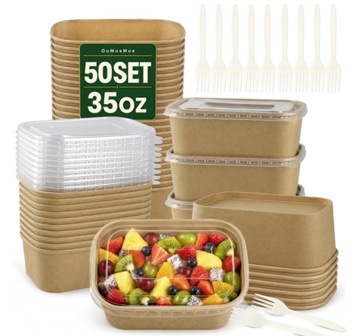 OuMuaMua 50 Pack 35oz Meal Prep Containers, Disposable Food Containers | Microwave & Freezer Safe, Kraft Paper Bowls with Lids and Forks, for Salad, Snacks, Fruit, Picnic, Take Out, To Go, Office - Image 1
