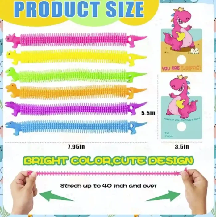 Kids Valentines Day Gifts for Class - 24 Pack Valentines Gift Cards with Glow in The Dark Dinosaur Stretchy String Toys for School Classroom Exchange Gifts, Toddlers Girls Boys Valentines Gifts - Image 1