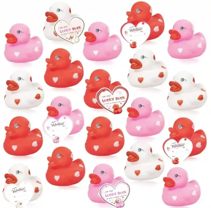 20pcs Rubber Ducks with Cards Gift Valentines Day Party Favors Small 2.36” Assorted Pink Red White Squeaky Duckies in Bulk with Love Heart Cards Treats Giveaways for Kids Cupcake Topper - Image 3
