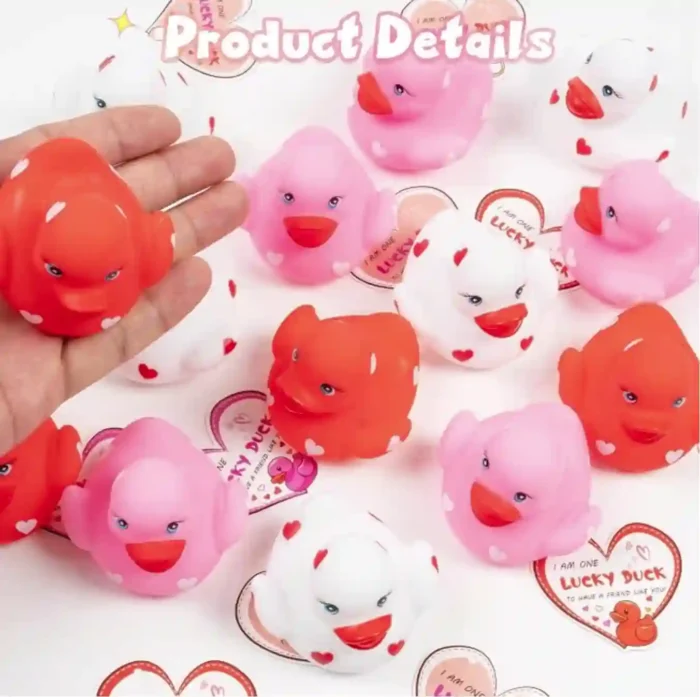 20pcs Rubber Ducks with Cards Gift Valentines Day Party Favors Small 2.36” Assorted Pink Red White Squeaky Duckies in Bulk with Love Heart Cards Treats Giveaways for Kids Cupcake Topper - Image 1